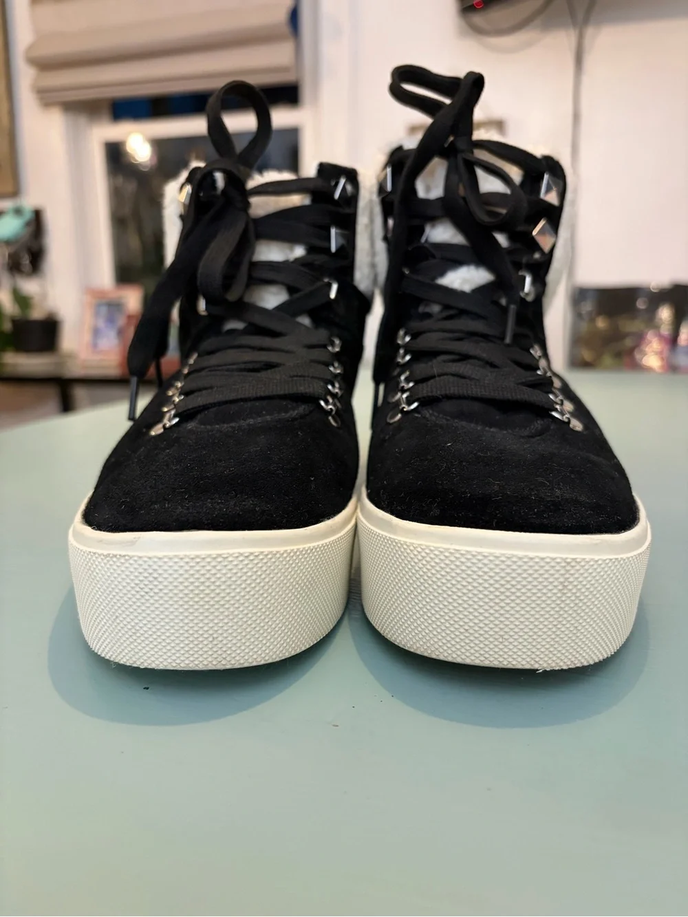 Marc Fisher Black Suede Ankle Booties with White Sherpa Collar